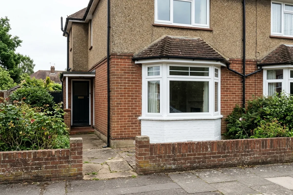 White uPVC canted bay window on a brick and render 1920s semi in Horsham, with a low front wall