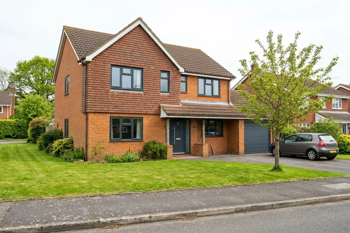 A 1980s brick detached house with anthracite grey chamfered uPVC casement windows throughout