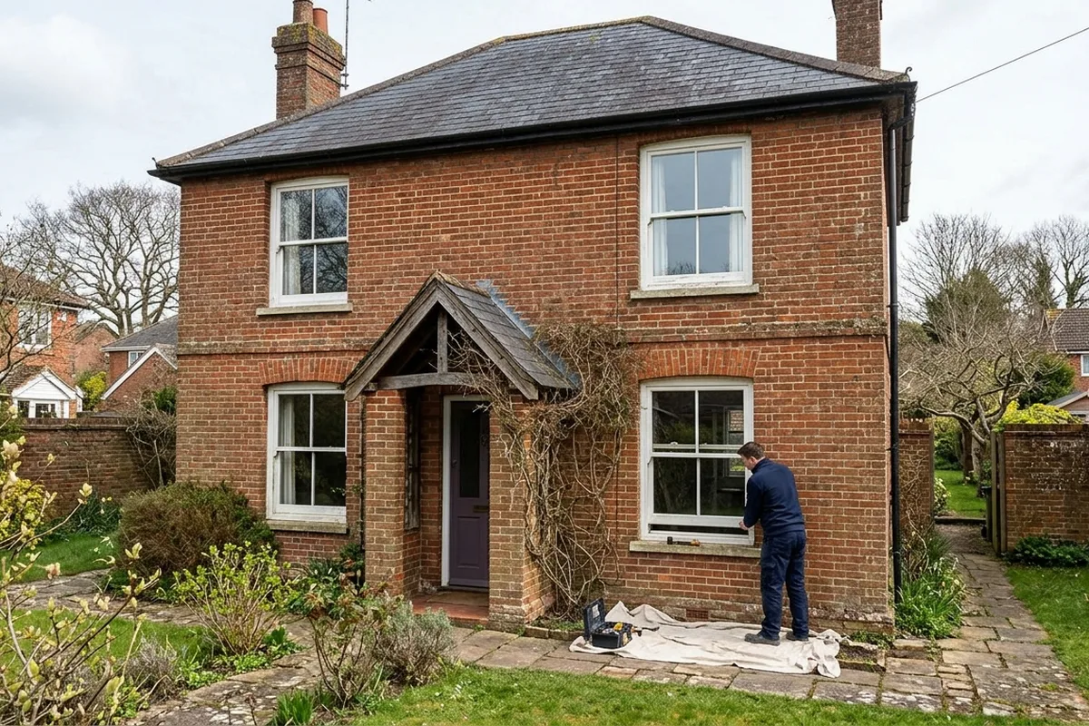Four painted timber box sash windows on a late Victorian brick house, with an installer checking a lower sash