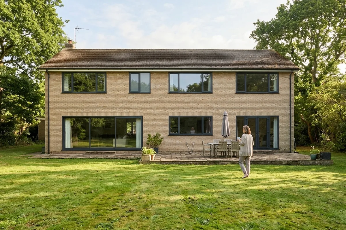The garden side of a large 1970s detached house with wide dark grey slimline aluminium windows and glazed doors, and a woman with a mug crossing the lawn
