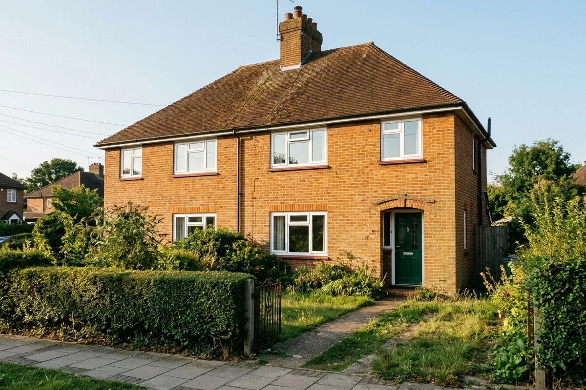 White uPVC casement windows with top lights on an orange brick interwar semi-detached house