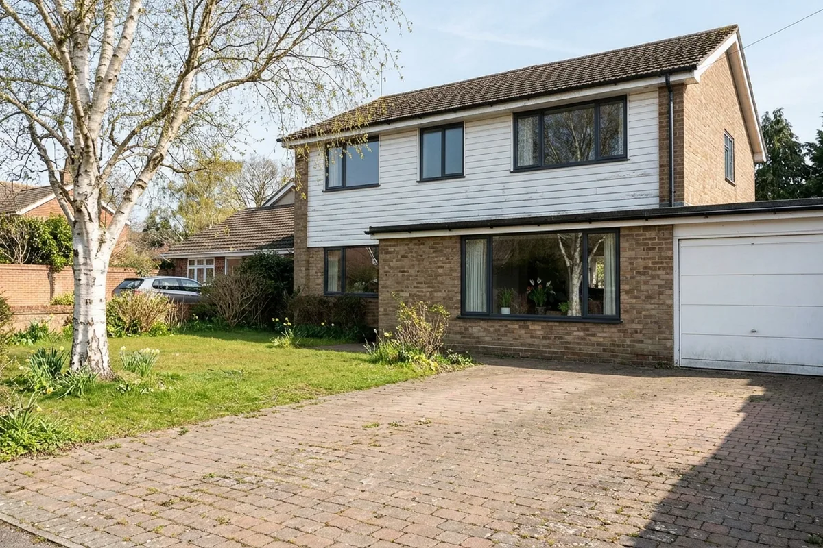 Dark grey slimline aluminium casement windows on a 1970s detached house in Horsham